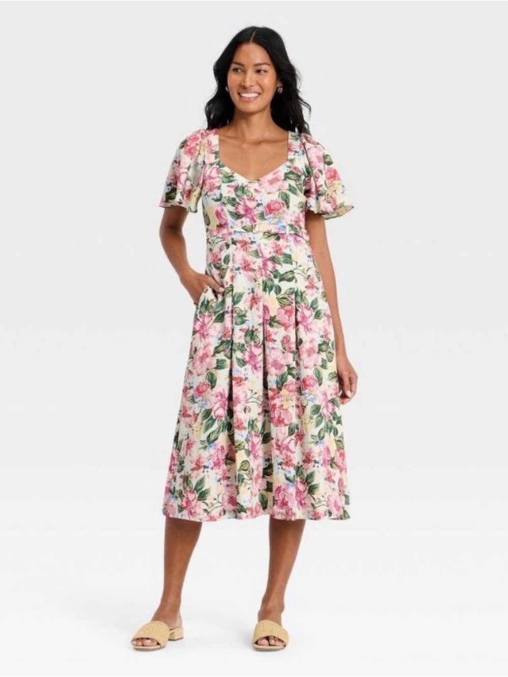 NWOT a new day Pink and Green Floral Puff-Sleeve Midi Dress